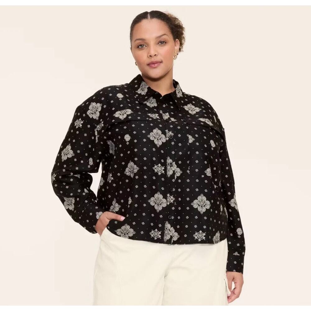 Women's Bandana Print Button-Down‎ Long Sleeve Collared Utility Shirt - XXL